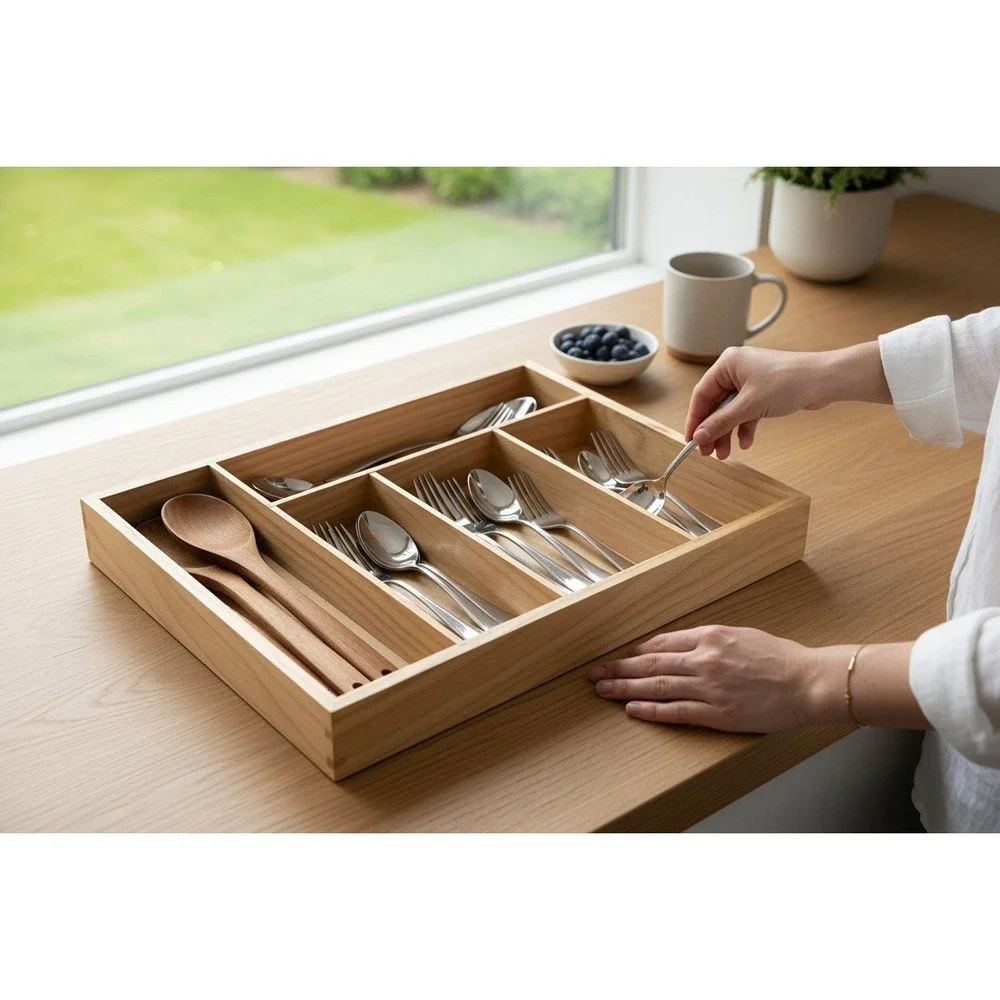 Wooden Silverware Organizer Unisex OS Natural Very Good 5-Compartment